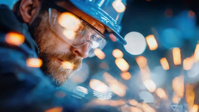 Close-up of a construction worker in safety helmet and goggles grinding metal with bright sparks in an industrial workshop