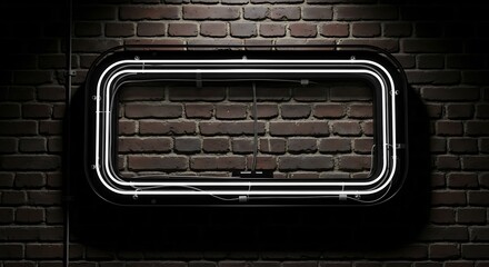 A neon sign frame mounted on a dark brick wall, viewed directly in a dimly lit environment
