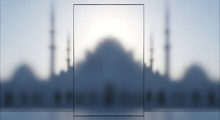A serene mosque scene captured from a distance with a frosted glass effect, showcasing architecture and tranquility.