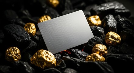 Luxury card mockup surrounded by golden nuggets and dark stones in a dramatic close-up view