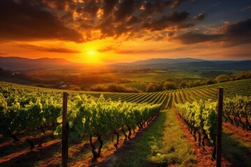 Obraz premium Wine vineyard at sunset outdoors nature farm.