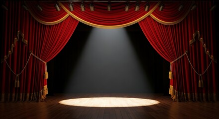 A spotlight shines on a blank stage framed by red curtains with gold trim and ropes in a theatrical setting