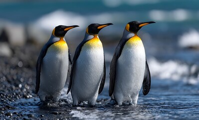 Fototapeta premium Three King Penguins walking together in icy waters