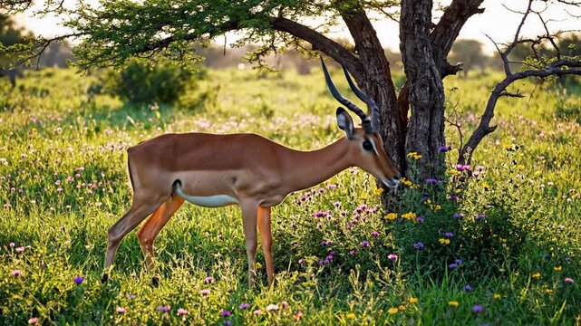 An impala grazing peacefully under the shade of a tree in a sun-drenched meadow, showcasing the beauty of nature