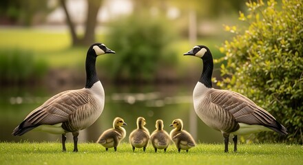 Obraz premium Family of canadian geese in a park