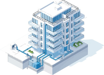 Fototapeta premium Isometric 3D illustration of a modern multi-story building with blue piping and rooftop garden viewed from above