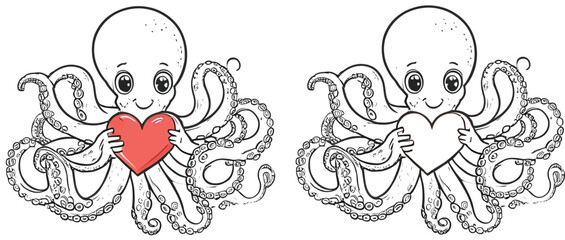 Obraz premium Adorable octopus with a red heart in a cartoon Colored and black-and-white outline versions of a vector illustration set A cheerful marine animal for a coloring book