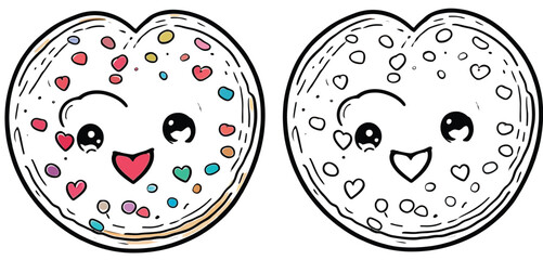 Adorable cookie cartoon creature with sprinkles in the shape of a heart A colorful and black-and-white vector graphic collection of adorable delicious pastries for a coloring book