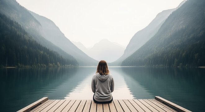 A woman sits on a wooden dock facing a serene mountain lake surrounded by forested peaks and misty valleys. The calm water reflects the landscape. Perfect for wellness and travel content.