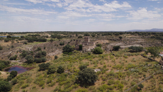 Aerial View of Hilltop Castillo de Mayoralgo, Aldea del Cano, Caceres, Spain