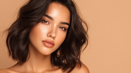 Naklejka premium A young woman displays her natural beauty with glowing skin in a cozy setting. Her relaxed posture and gentle expression create a feeling of warmth and tranquility