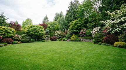 Fototapeta premium Generous green lawn area inviting relaxation and play, surrounded by lush, well maintained deciduous and evergreen trees, shrubs, and colorful flowering plants in a residential garden
