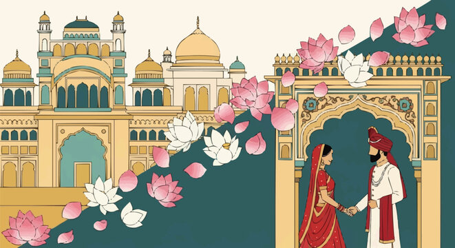 Indian Bride and Groom Jaimala Ceremony Illustration, Traditional Wedding Ritual with Floral Garland, Palace Backdrop, Floating Lotus Petals, Vector for Wedding Invitations