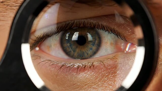 Extreme close up of a human eye being magnified through a magnifying glass.
