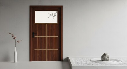 Fototapeta premium Elegant Wooden Door with Frosted Glass Panel.