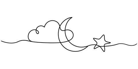 Naklejka premium One single line drawing with cloud and star on white background. Continuous line draw vector illustration