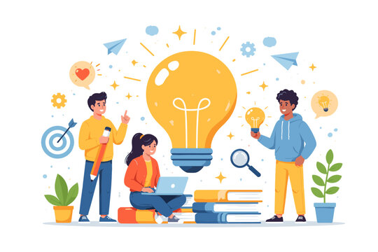 Diverse team collaborating on a bright idea with a giant lightbulb symbolizing innovation
