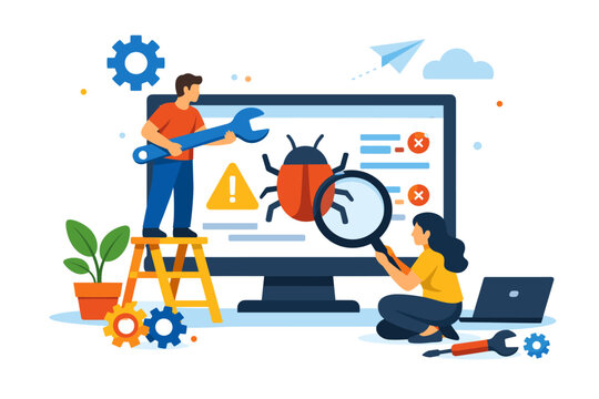 Software developers fixing bugs and debugging code on a computer screen with tools
