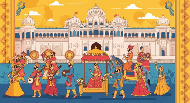Traditional Indian Wedding Procession (Baraat) with Musicians and Bride in Doli, Royal Heritage Palace Background