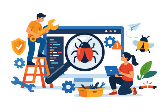 Software developers debugging code and fixing bugs with tools and magnifying glass