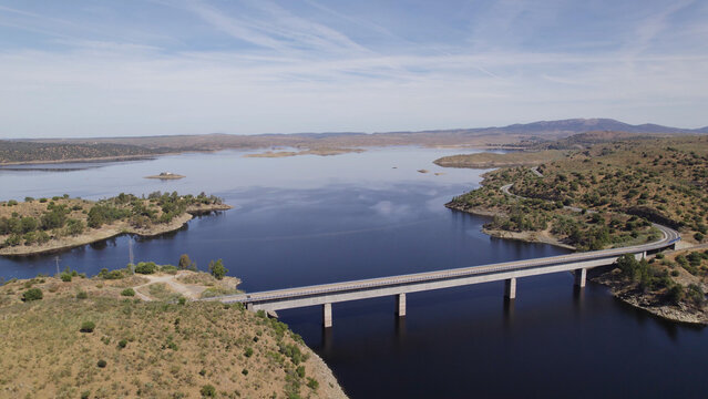 Aerial View Revealing Almonte River Viaduct on Tajo Tributary, C&aacute;ceres, Spain