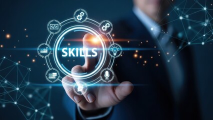 Fototapeta premium Skills of Modern Business: A modern businessperson, in a sharp suit, actively engages with an interactive digital interface, tapping into the skills, expertise.