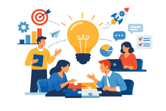 Teamwork and innovation concept with people collaborating around a lightbulb and puzzle pieces