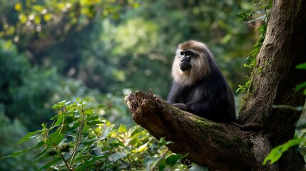 Fototapeta premium Majestic langur monkey sitting on tree branch in lush forest