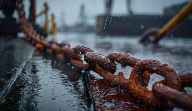 Close-up of a rusty chain on a wet deck with rain falling; industrial, weathered, and atmospheric