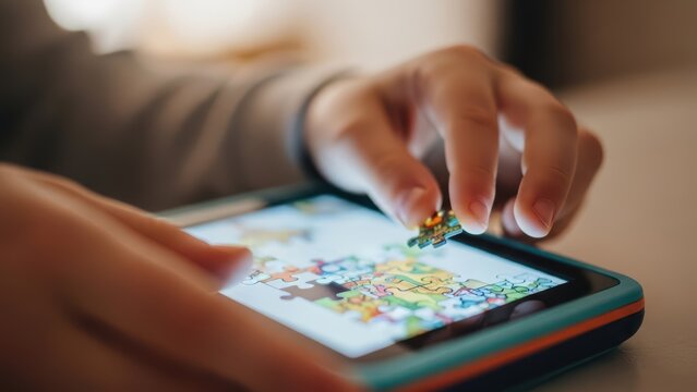 Tech-Savvy Playtime: A child's hand delicately maneuvers a toy on a tablet screen, merging technology and traditional play. Capturing a moment of interactive learning and digital exploration.