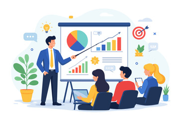 Business presentation with charts and graphs, speaker engaging audience in a meeting