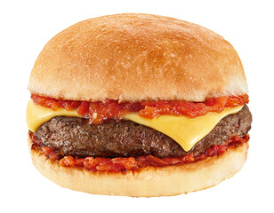 hamb&uacute;rguer de carne bovina grelhado com molho de tomate e queijo isolado em fundo transparente