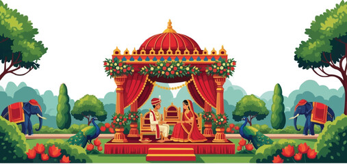 Naklejka premium Hindu Marriage Ceremony in Mandap with Bride and Groom Surrounded by Peacocks and Elephants, Traditional Indian Wedding Ritual Illustration, Cultural Celebration Vector Art