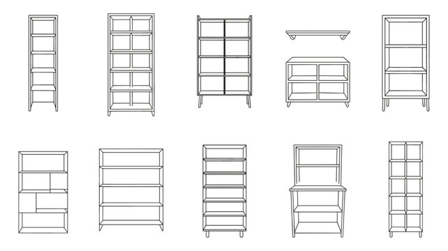 Collection of keywords: black line of various shelving units and bookcases shelf shelves