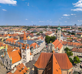 View from Saint Peter church tower, Munich, Germany, with old Rathaus and church of the Holy Spirit
