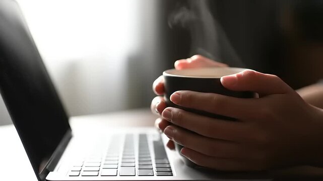 Person Holding Steaming Coffee Mug While Working on Laptop