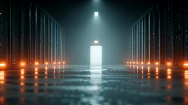 Atmospheric view of a futuristic data center corridor with illuminated rows of servers. soft, ambient lighting creates a high-tech, modern feel, reflecting the advanced infrastructure of digital stora