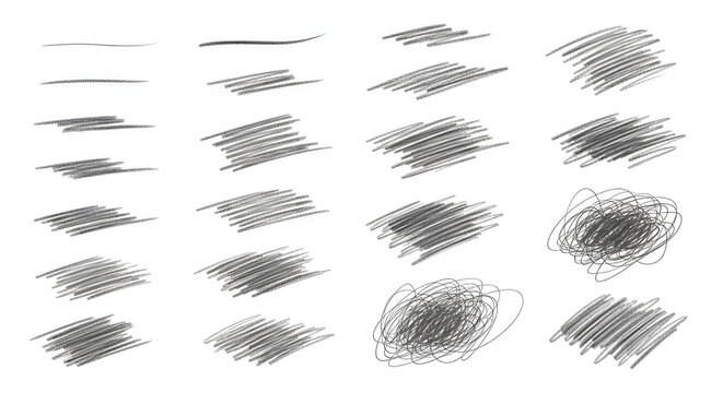 Collection of realistic hand-drawn pencil strokes and scribbles on a white background, perfect for artistic overlays