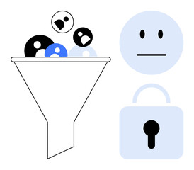 Data analysis, cybersecurity, user identification, privacy protection, secure access, information flow. Funnel with user icons and a lock. Data security and privacy protection concepts