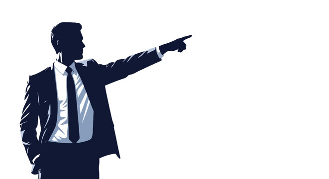 Silhouette of a businessman in a suit pointing forward with his right hand, indicating direction or leadership.