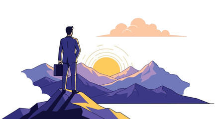 A businessman in a suit stands on a mountain peak, holding a briefcase and looking at the sunrise over a majestic mountain range. © Muhamad
