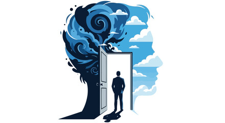 A silhouette of a man stands in an open doorway, stepping from a dark, swirling vortex of blues and blacks into a bright, cloudy sky within the profile of a human head. © Muhamad