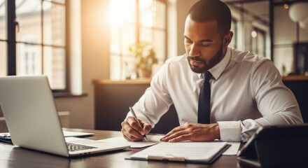 Obraz premium Focused Executive at Desk: A focused individual in a modern office, engrossed in their work, poised with a pen and laptop, embodying the spirit of productivity and dedication.