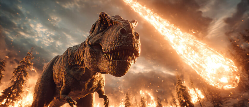 Tyrannosaurus rex stands on hind legs with fear as a meteorite falls from the sky, igniting a forest in flames and smoke, creating chaos and destruction