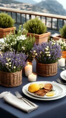Fototapeta premium A Feast for the Senses: A beautifully set table adorned with vibrant floral arrangements, candles, and delectable food, perfect for an intimate outdoor gathering.