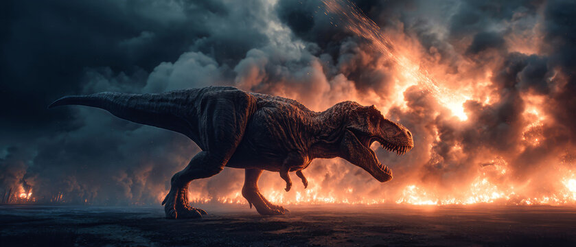 Dinosaurs run in fear as a large meteorite falls from space, causing fire and smoke to engulf a prehistoric forest landscape at dusk