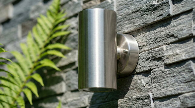 Sleek stainless steel outdoor wall light mounted on a textured natural stone wall, with vibrant green fern leaves in the blurred background.
