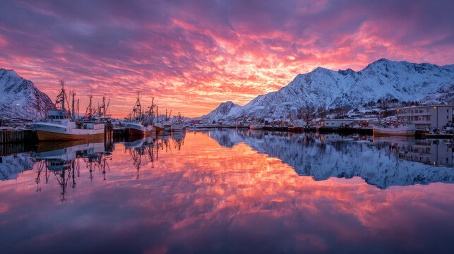 Golden Winter Sunrise Over Ramberg Village Harbour with Snow Covered Coastal Landscape