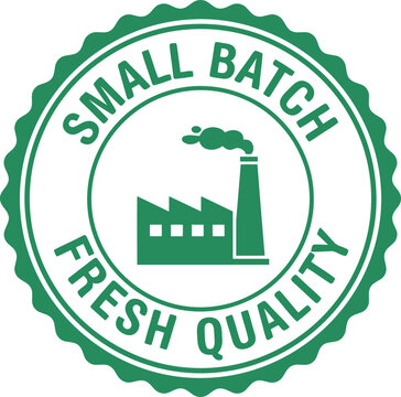 Small Batch Fresh Quality Badge Icon &ndash; Green Factory Seal for Artisanal Food Packaging and Branding