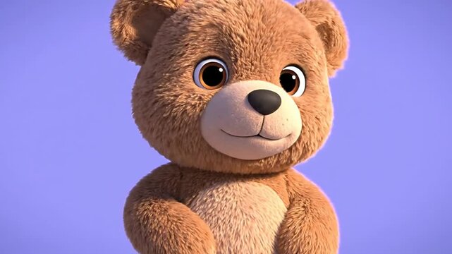 Medium close up of a fluffy animated teddy bear smiling on a soft purple background